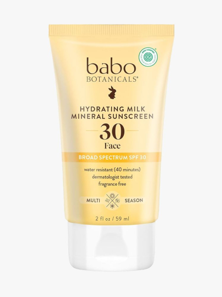 Babo Botanicals Hydrating Milk Mineral Face Sunscreen SPF 30 in branded tube component on a light gray background
