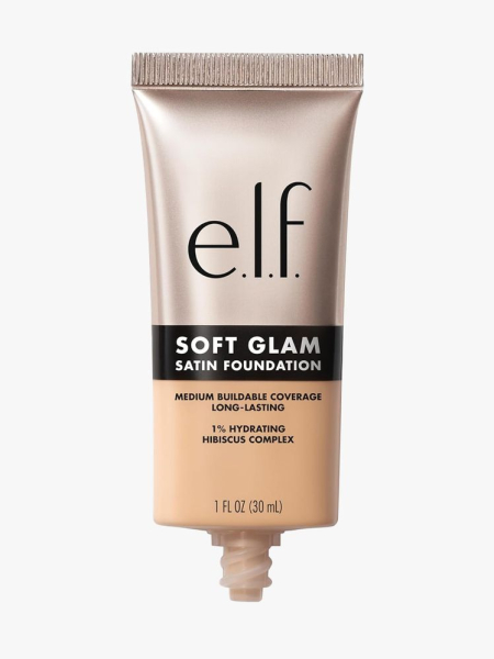 e.l.f. Cosmetics Soft Glam Satin Foundation in branded component on a light gray background