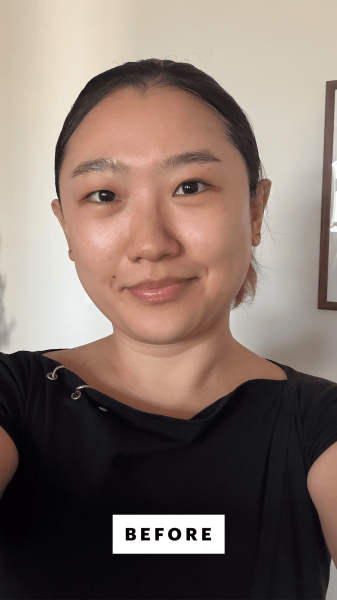 A selfie of Allure commerce editor Sarah Han before applying the La RochePosay Anthelios Mineral Tinted UltraLight Fluid...