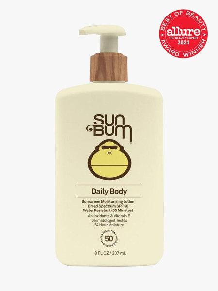 Sun Bum Daily 50 Body Lotion branded yellow bottle component with brown accents on a light gray background with red Allure Best of Beauty seal in the top right corner